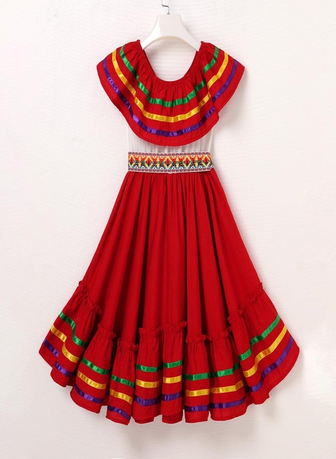 ODIZLI Mexican Dress for Girls - Folklorico Cinco de Mayo Fiesta Dress - Toddler Off-Shoulder Traditional - Little Girls Flamenco Ruffle Drape A Line Dress - Red, 9-10 Years - Image 4